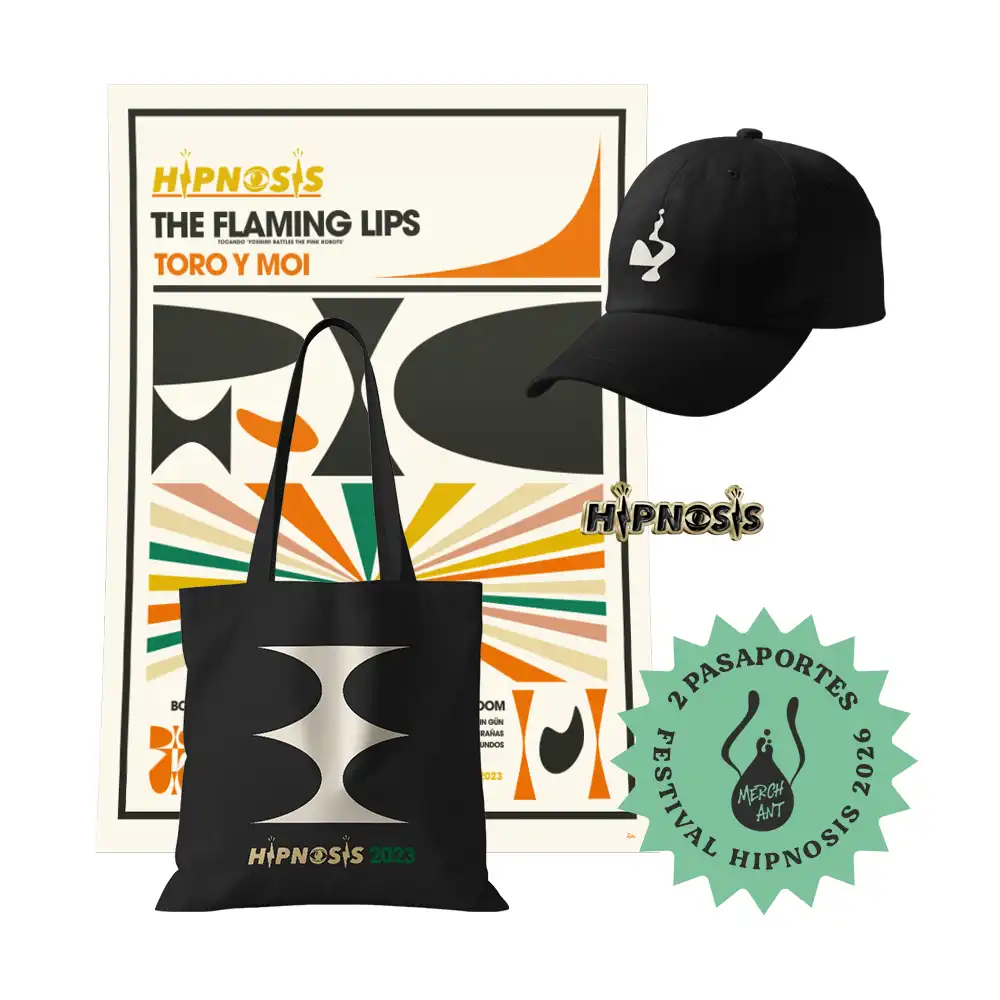Poster Hipnosis 2023 + Tote Bag Hipnosis 2023 + Gorra Hipnosis 2024 + Pin Hipnosis + 2 Pasaportes Generales Festival Hipnosis 2026 (23 y 24 de octubre)